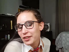 Nerdy nymph with glasses inhaling dick, jizm on glasses