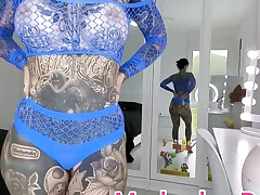 Blue Lace Sheer Undergarments Attempt On Drag with Enormous Bra-stuffers Melody Radford